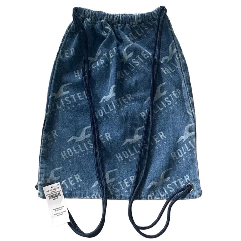 NWT‎ Y2K Hollister California Denim Logo Print Drawstring Cinch Bag Backpack